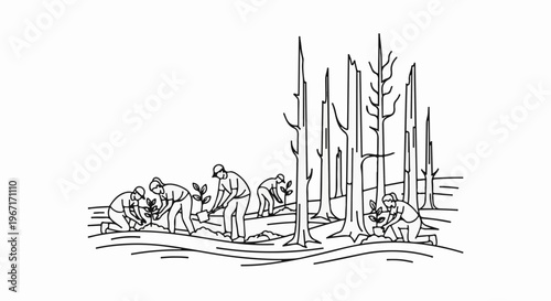 People planting saplings in a forest landscape