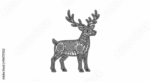 Ornate black and white stylized deer with geometric patterns