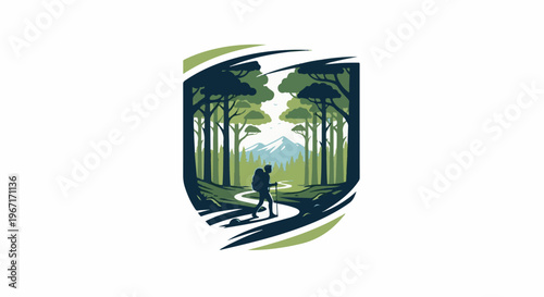A lone hiker walks on a winding path through a dense forest towards mountains