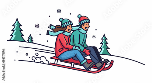 Couple enjoying a fast sled ride down a snowy hill with trees