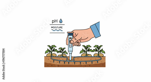 Hand tests soil pH and moisture with a device near young potato plants