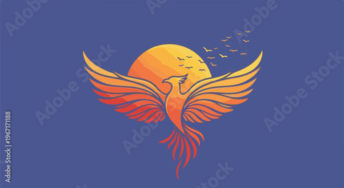 Fiery phoenix with outstretched wings rises against a vibrant sunset and flying birds