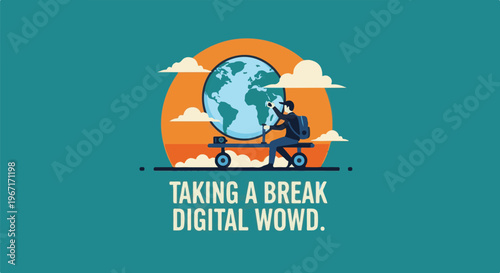 A person on a scooter with a backpack looks at the globe in front of an orange sun