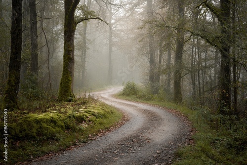 Misty forest road at dawn with ethereal trees and soft morning light