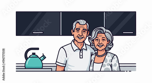 Happy elderly couple in a kitchen with a teal kettle