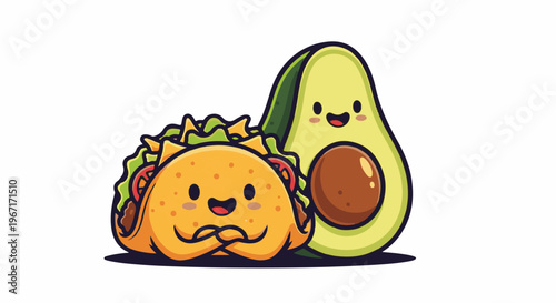 Cute taco and avocado characters with happy faces