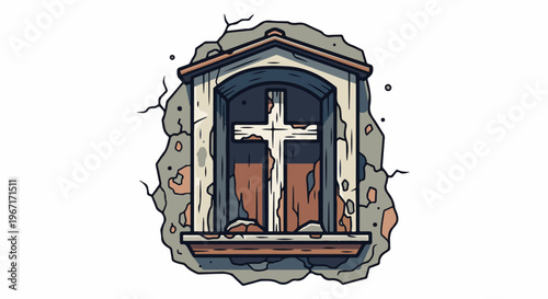 Cracked stone niche with a weathered wooden cross inside