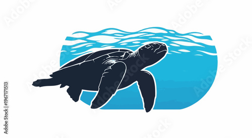 Silhouette of a sea turtle swimming underwater with blue waves above