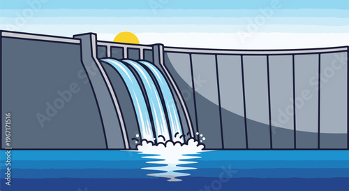 A tall, gray dam releases cascading water into a blue reservoir under a yellow sun