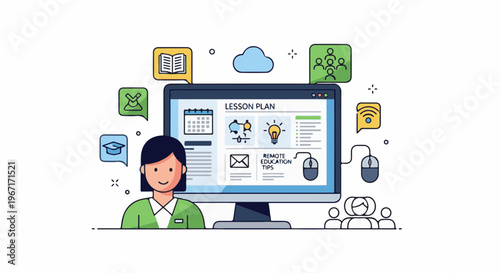 Digital lesson plan creation with online learning icons and user