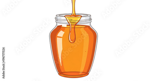 A vector graphic illustration of a glass jar filled with honey and dripping with golden liquid on a white background.