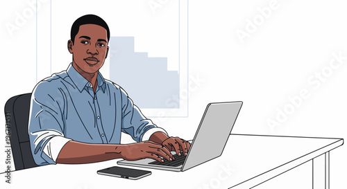 Man working on laptop at desk with phone nearby, looking forward