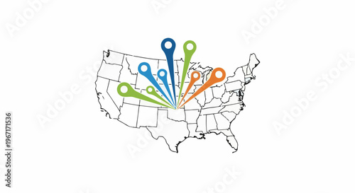 Map of the United States with colorful pointers radiating from the center
