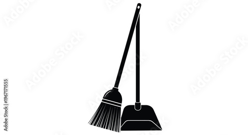 A black silhouette of a broom and dustpan leaning against a wall silhouette