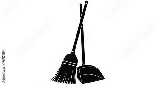 Two cleaning tools a broom and dustpan presented in black silhouette