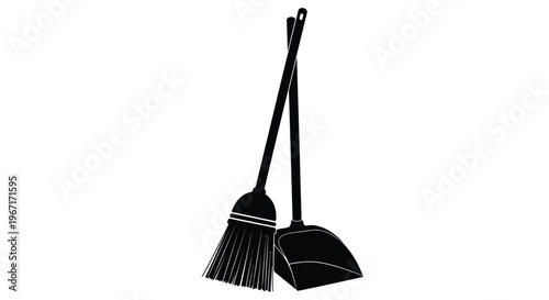 Two cleaning tools a broom and dustpan presented as a silhouette