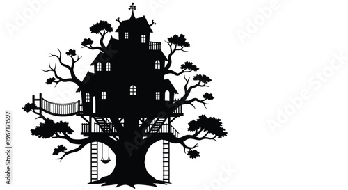 Intricate treehouse design with detailed branches and architectural features silhouette