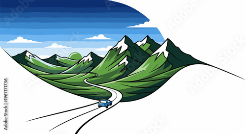 A winding road leads a blue car through lush green mountains under a blue sky