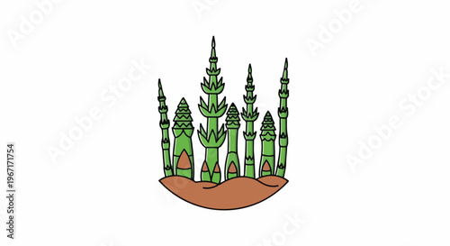 A whimsical green stalk forest grows from brown earth in stylized illustration