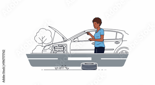A woman looks at a car with its hood open, a flat tire nearby