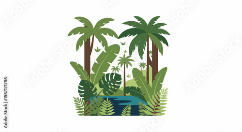 Lush tropical jungle scene with palm trees and exotic foliage