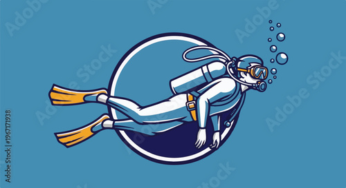 Diver wearing a mask, tank, and fins swims underwater with bubbles