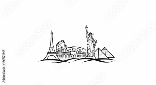 Montage of iconic world landmarks Eiffel Tower, Colosseum, Statue of Liberty, pyramids