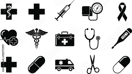 Set of black medical icons including stethoscope, syringe, ambulance, pills, and caduceus symbols for healthcare, pharmacy, and hospital emergency designs.