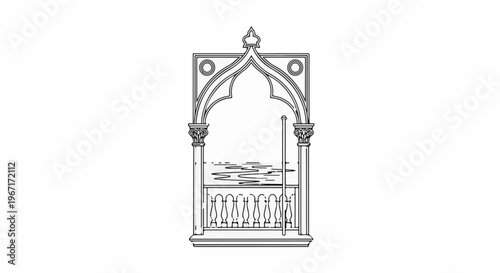 Ornate archway reveals calm water and decorative railing below