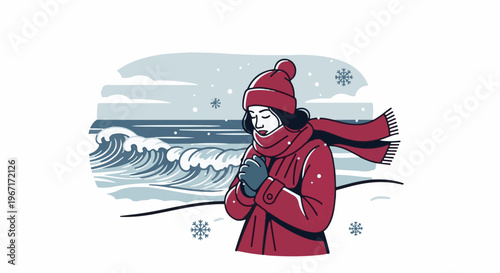 Person in winter coat and scarf warms hands near ocean waves