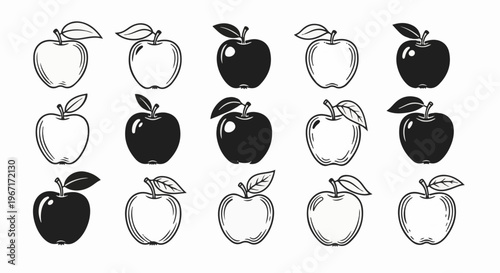 Fifteen stylized apples, some solid black and some outline, with leaves