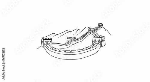 Outline drawing of the Great Wall of China winding through mountains
