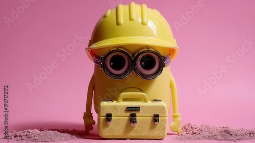 Construction action minion character studio setting toy photography close-up view creative fun concept