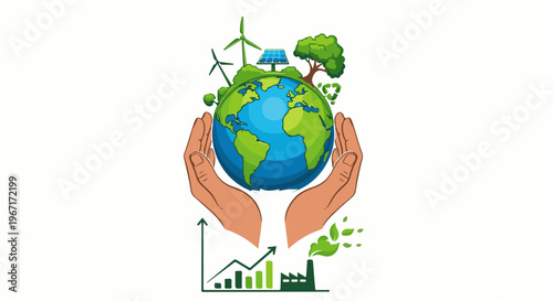 Hands cradle a planet with renewable energy, growing economy, and industry