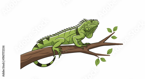 Green iguana with spiky crest perched on a brown tree branch with leaves