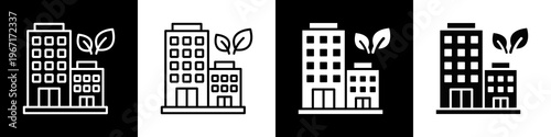 Green Buildings Icon In Black And White Filled Style.