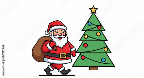 Cheerful Santa Claus carries a sack near a decorated Christmas tree