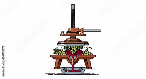 Grapes being pressed for juice in a traditional wooden machine