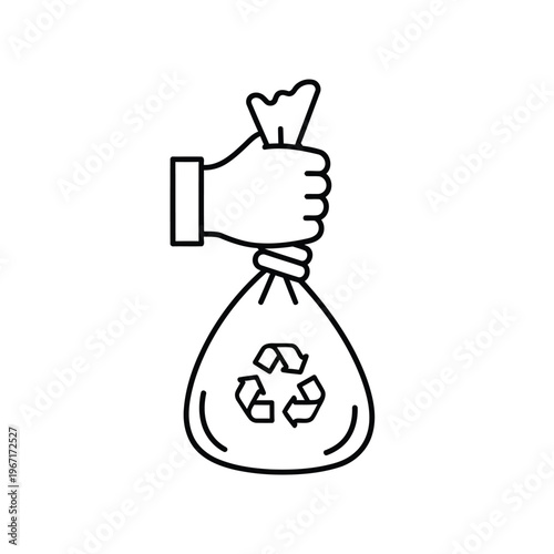 Hand carrying recycling bag icon, participation in waste management
