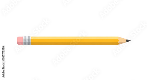 A simple yellow pencil with a pink eraser on a white background
