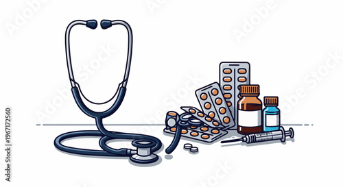 Medical instruments and medicines including a stethoscope, pills, and a syringe