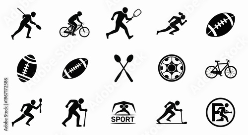 Collection of sports icons depicting activities like running, cycling, and ball games