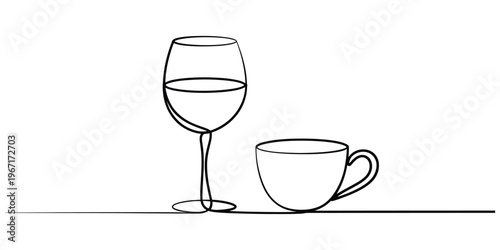 Minimalist Continuous Line Drawing of Wine Glass and Coffee Cup