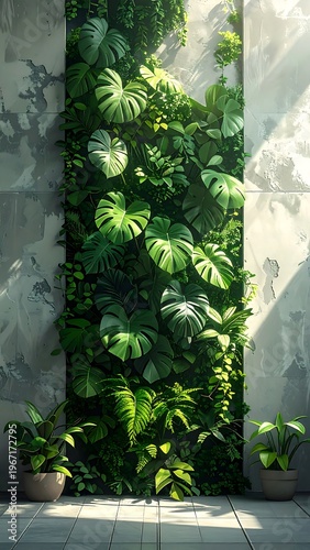 Vertical garden with lush, green plants climbing a textured wall, bright light