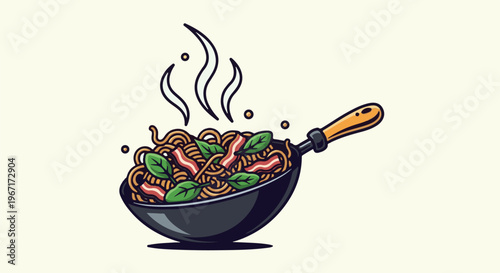 Delicious noodles with bacon and greens served steaming in a wok