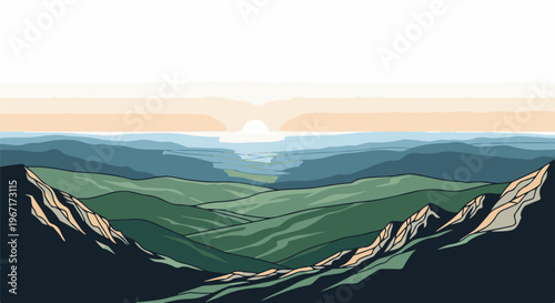 Pixelated mountain range with a sun setting over a distant river valley