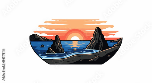 Pixel art seaside scene with two rocky outcrops and a colorful sunset