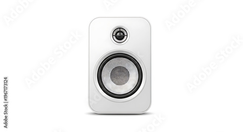 A sleek white speaker with a modern design and silver accents stands alone on a plain background