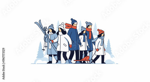 Diverse group of people in winter attire with skis and sled