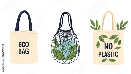Set of three reusable eco friendly tote bags with environmental messages about reducing plastic use and promoting sustainable living choices.